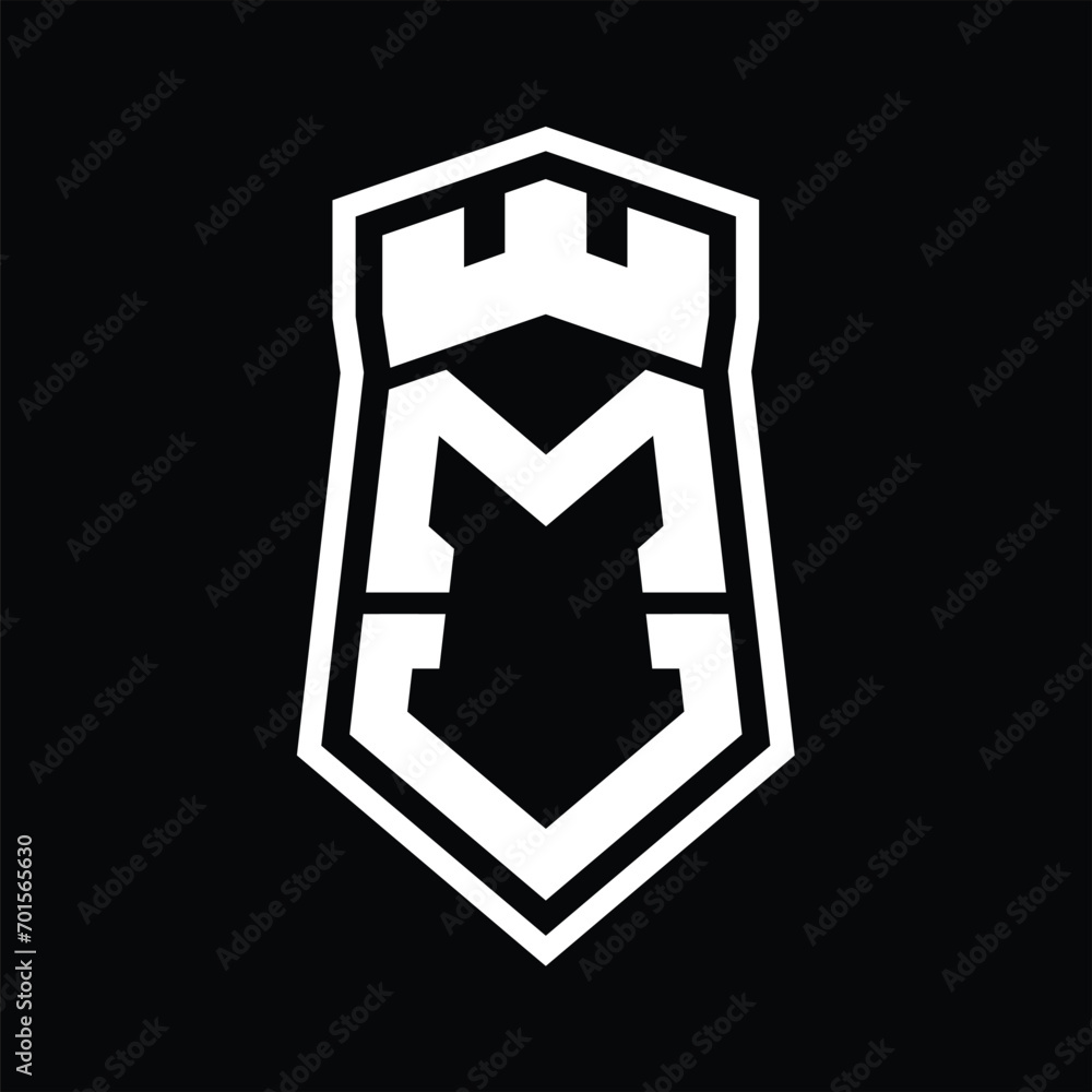 MV Letter Logo monogram hexagon shield shape up and down with crown castle isolated style design MV Letter Logo monogram hexagon shield shape up and down with crown castle isolated style design