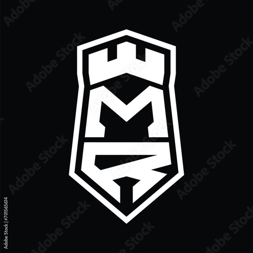 MR Letter Logo monogram hexagon shield shape up and down with crown castle isolated style design