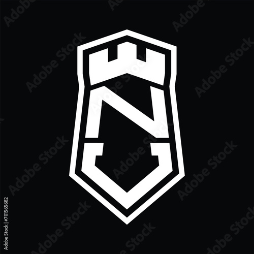 NV Letter Logo monogram hexagon shield shape up and down with crown castle isolated style design