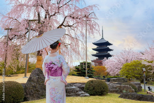 Young Japanese woman in a traditional Kimono dress strolls byToji Temple in Kyoto during full bloom cherry blossoms in spring