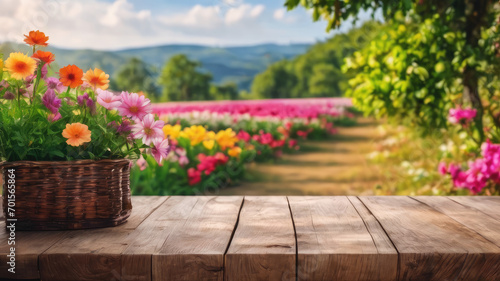 Flowers in the garden, Flowers on a table, Flowers in the mountains, Empty wood table top on blur abstract green from the garden. For the montage product display, a wooden table with a garden photo