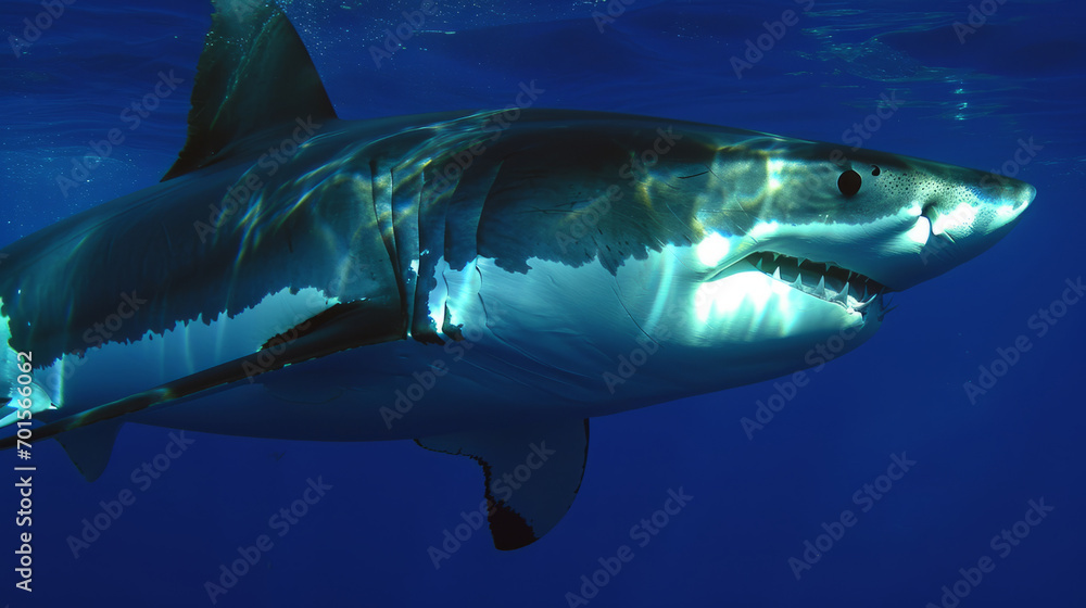 Fototapeta premium A great white shark, with a white muzzle, swims in the ocean, its sharp details captured in a high-quality photo.