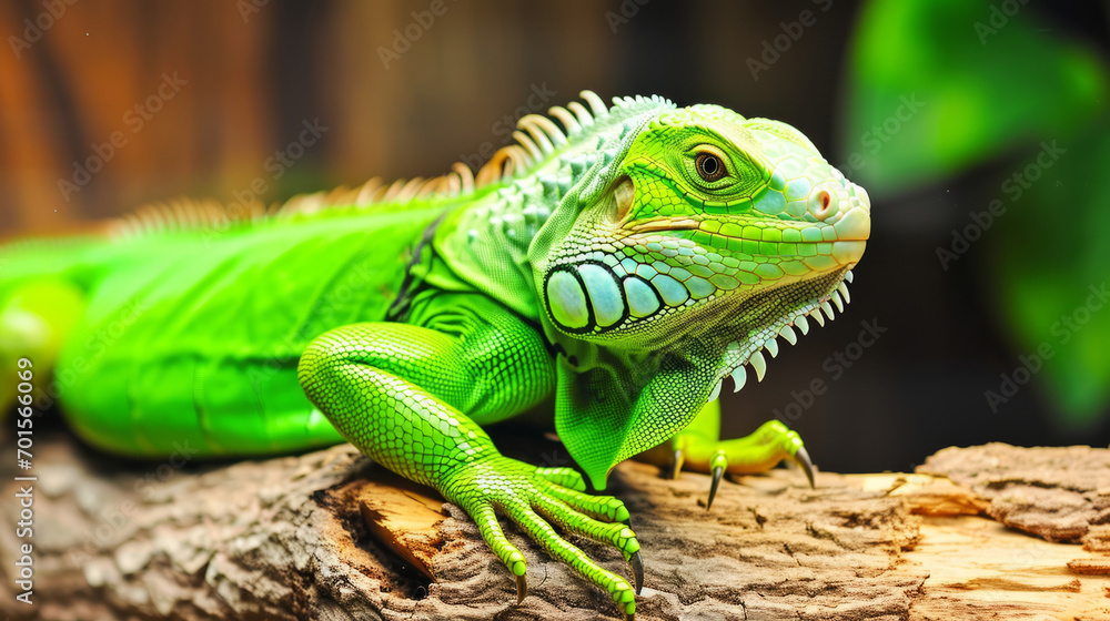 Fototapeta premium A green-skinned lizard, possibly a basilisk or iguana, poses on a tree branch, its reptilian skin detailed in the shot.