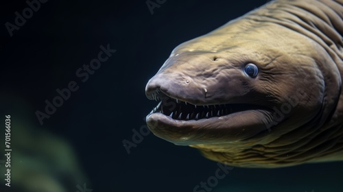 A large fish, possibly a shark or gulper eel, opens its mouth wide, revealing its teeth in a deep-sea portrait. photo