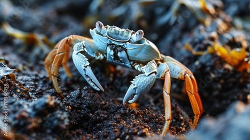 A crab, with its sharp claws raised, poses aggressively atop a pile of dirt on a sandy beach.