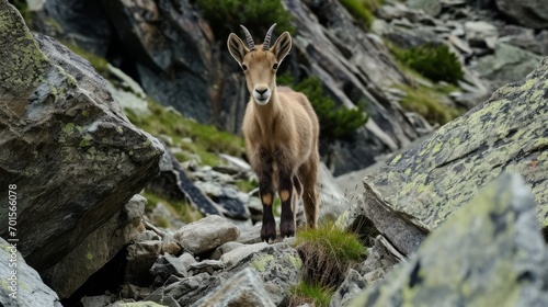 A goat, with horns and an intense look, stands on rocks, its inquisitive gaze captured as it looks straight at the camera.