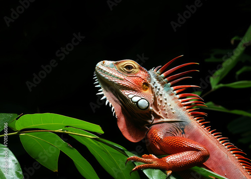 A lizard  possibly an iguana or basilisk  poses on a tree branch  its red scales and dragon-like appearance captured in a photorealistic portrait.