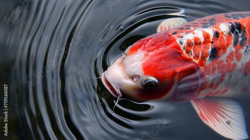 A koi fish, its colors reflecting in the pond, swims serenely, captured in a sharply detailed and breathtaking image.