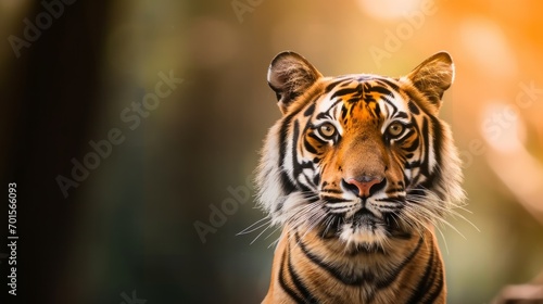 A tiger, its fierce expression and intense look captured in a majestic forest portrait, smiles at the camera.