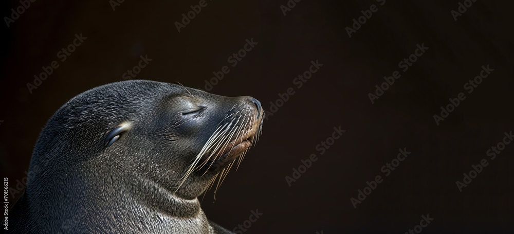 Fototapeta premium A seal, its eyes closed in a meditative pose, appears relaxed against a gold or blue background, embodying a zen feeling.