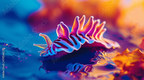A sea slug, possibly a nudibranch, displays neon color bioluminescence in a marine environment. photo