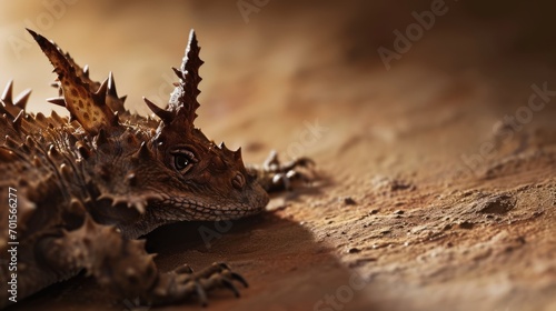 A lizard, possibly a curved horned dragon, is captured on a dirt ground, its long spikes and spiky skin evident. photo