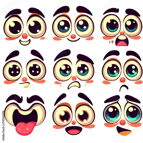 Cartoon faces. Funny face expressions, caricature emotions. Cute character with different expressive eyes and mouth