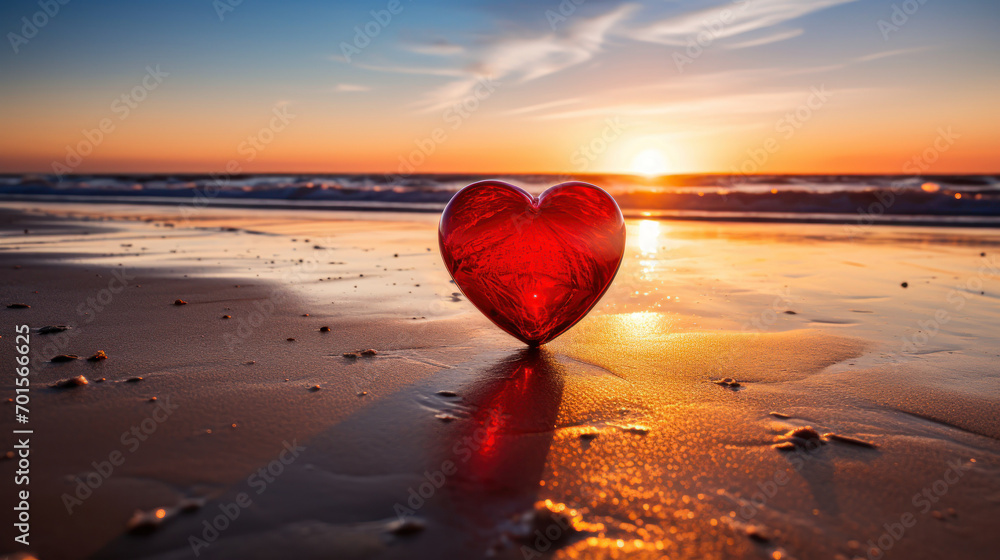 Fototapeta premium Valentines Day concept. Romantic love symbol of red heart on the sand beach with copy space. Template for Inspirational compositions and quote postcards.