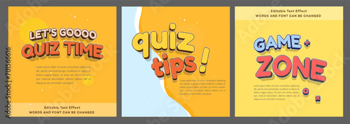 Editable text effect quiz time and quiz tips 3d cartoon template style premium vector. Square banner template for social media posts, mobile apps, banners design, web or internet ads.
 photo