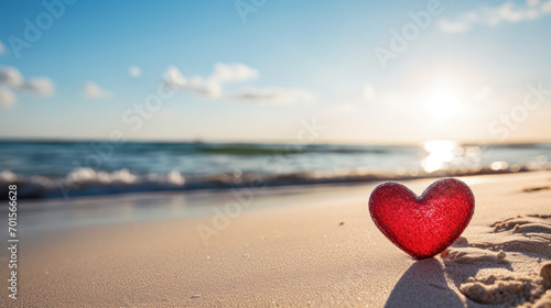 Valentines Day concept. Romantic love symbol of red heart on the sand beach with copy space. Template for Inspirational compositions and quote postcards. photo