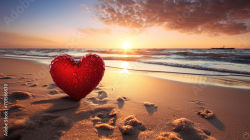 Valentines Day concept. Romantic love symbol of red heart on the sand beach with copy space. Template for Inspirational compositions and quote postcards.