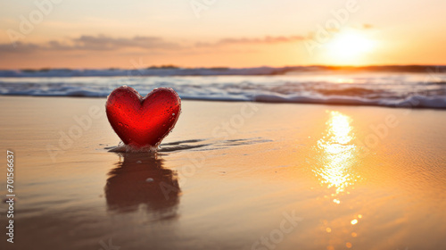 Valentines Day concept. Romantic love symbol of red heart on the sand beach with copy space. Template for Inspirational compositions and quote postcards.