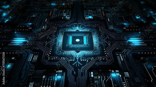 A computer circuit board with blue lights and a glowing computer centered by chipset, dark turquoise and dark black Backgrpund AI Image Generative