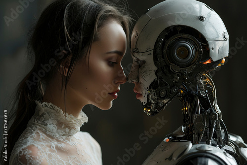 Woman opposite AI. The concept of confrontation between humanity and artificial intelligence photo