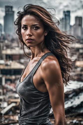 A girl who survived a natural disaster. Portrait of a young woman at the site of a natural disaster. Hurricane. Tornado. Tsunami. Earthquake.