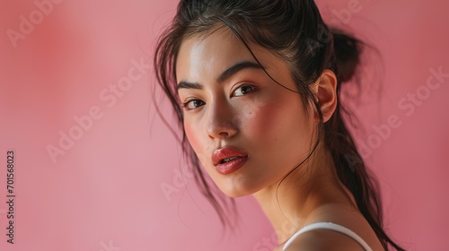 Asian women gathered in ponytail with natural makeup on face have plump lips and clean fresh skin wearing white camisole on isolated pink background. Portrait of cute female model in studio