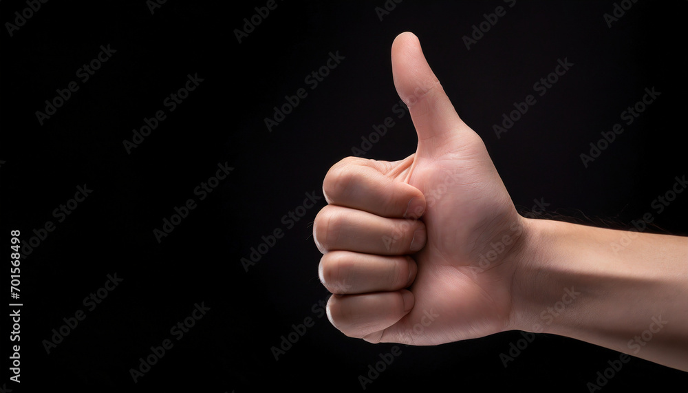 Thumbs up, Good, Nice, Male, Right hand, Close up, Black background Thumbs up, Good, Nice, Male, Right hand, Close up, Black background