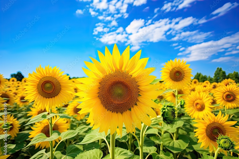 field of blooming sunflowers on a background of blue sky, AI Generated field of blooming sunflowers on a background of blue sky, AI Generated