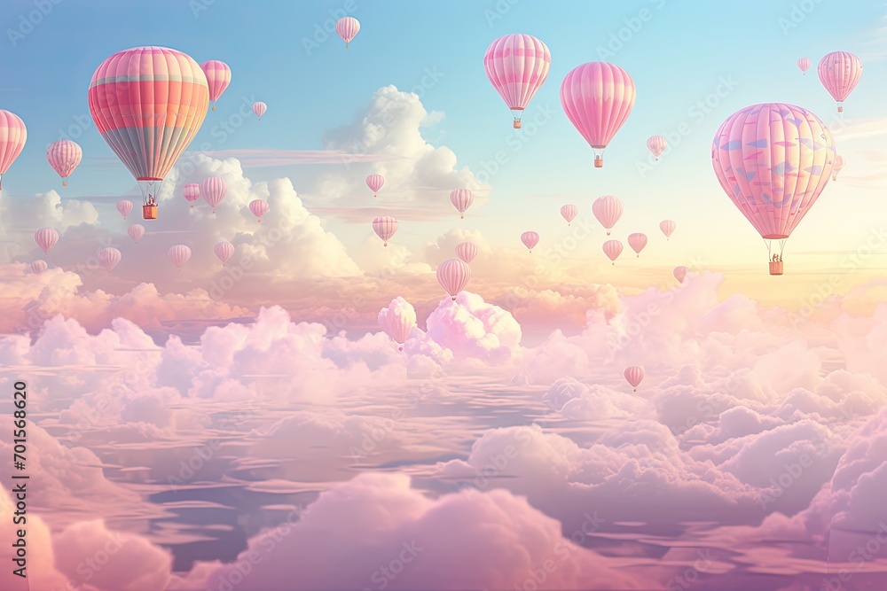 Obraz premium Colorful hot air balloons flying over the clouds. 3D Rendering, AI Generated