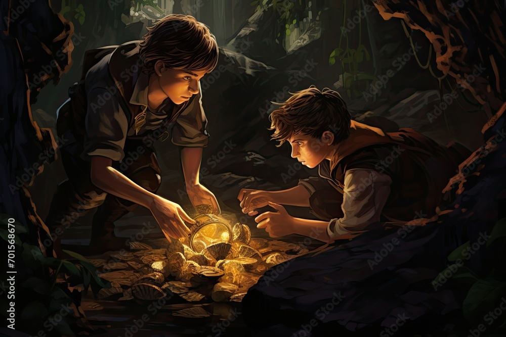 Boy and his brother looking at a gold nugget in a cave, AI Generated