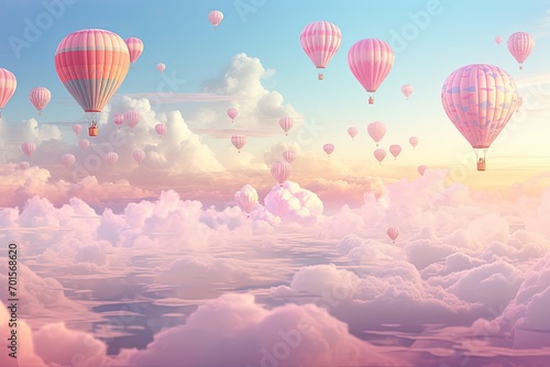 Colorful hot air balloons flying over the clouds. 3D Rendering, AI Generated