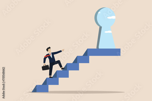 Ladder of success  challenges ahead for career development  motivation and inspiration concept  businessman climbing the ladder through a secret keyhole.