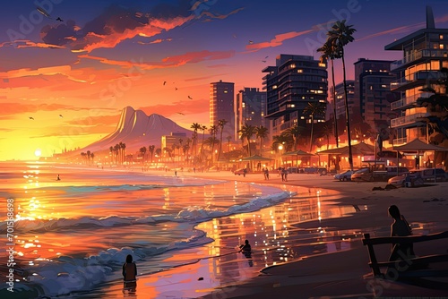 Illustration of the beach and the skyline of the city at sunset  AI Generated