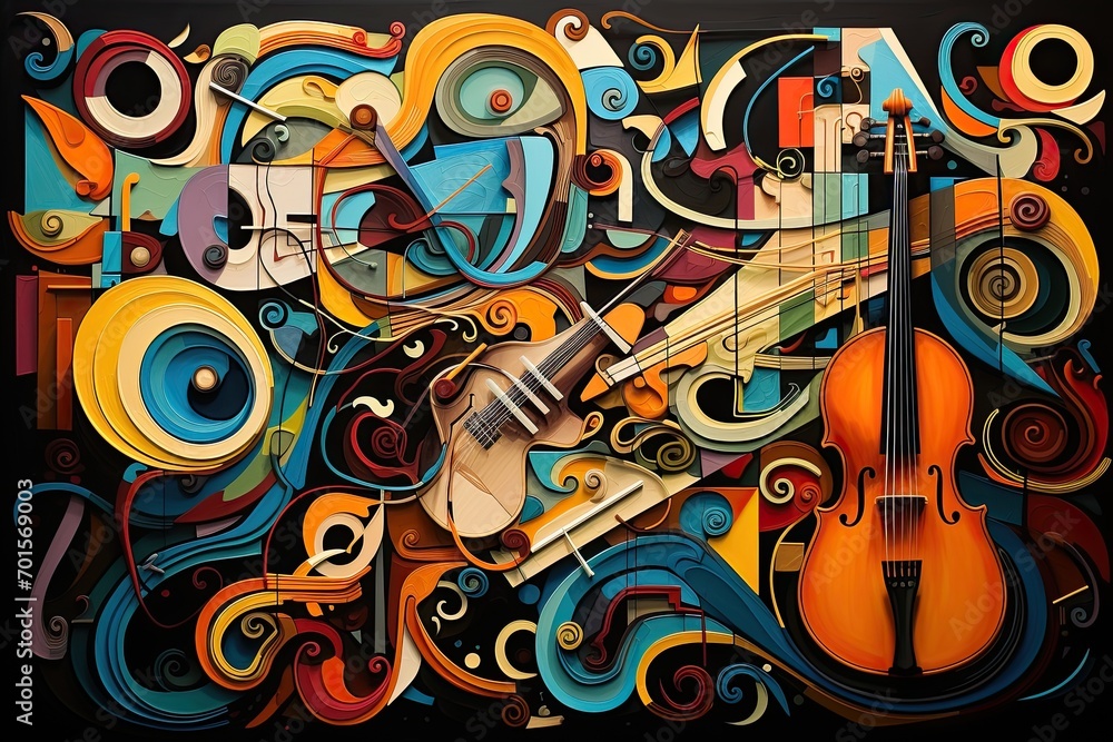 Abstract colorful music background with violin and musical instruments. Vector illustration, AI Generated