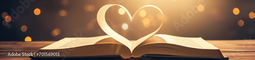 Love story book with open page of literature in heart shape and stack piles of textbooks on reading desk in library, school study room for national library lovers month and education learning concept photo