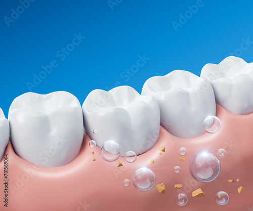 Tooth whitening, Tooth Cleaning, Healthy gums and teeth with fluoride Liquid Bubble Protect and Cleaning. Oral hygiene and Dental concept, 3d rendering. photo