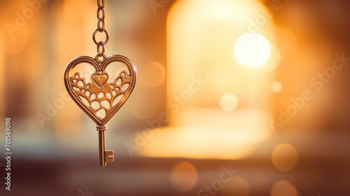 key in the shape of a heart, bokeh background with copy space. Love and Valentine's day greeting card