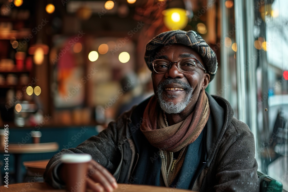 Smiling African American adult sitting in a coffee shop and looking at the camera