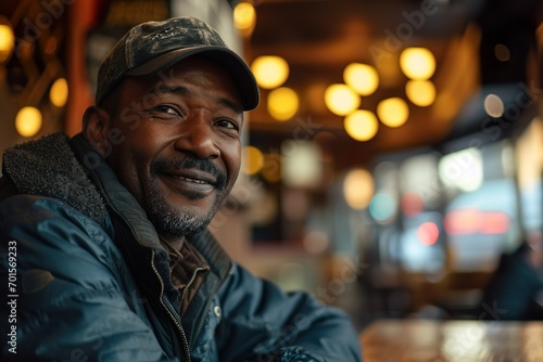 Smiling African American adult sitting in a coffee shop and looking at the camera