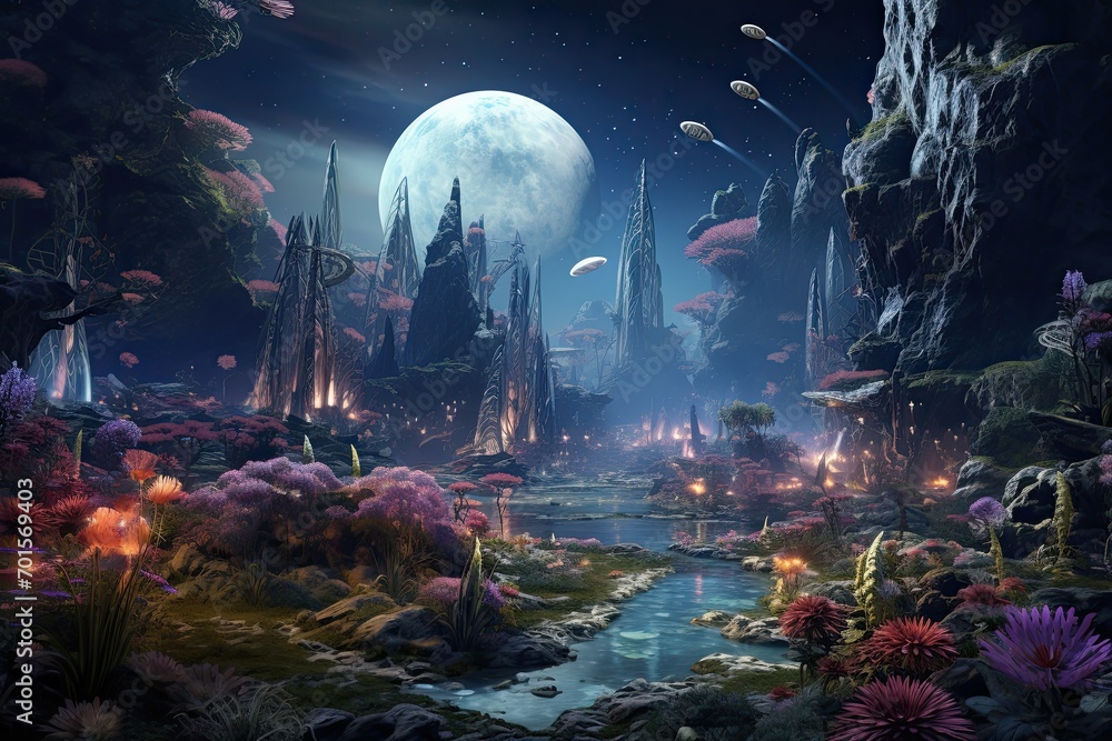Fantasy landscape with fantasy alien planet. 3D rendering digital illustration, AI Generated