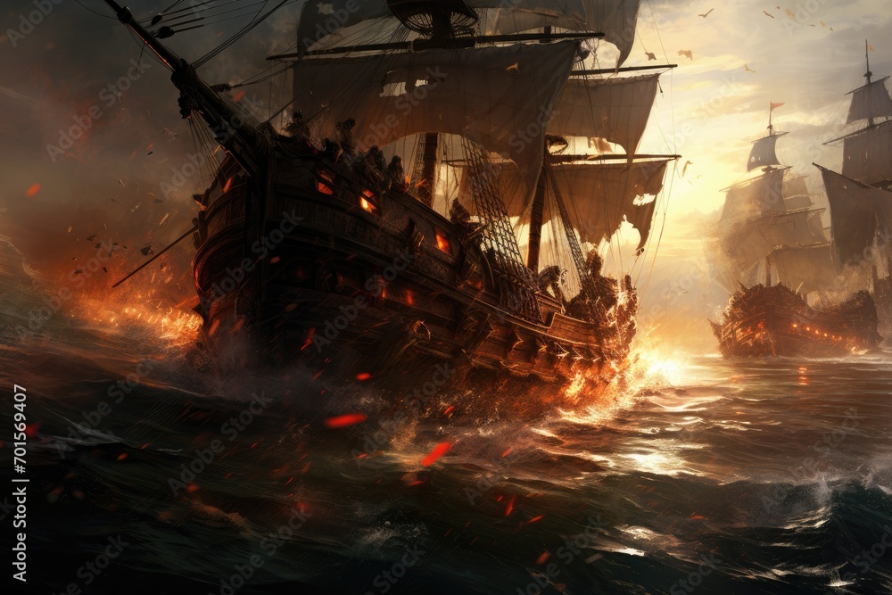 sailing boat in the sea with fire and smoke, 3d illustration, An epic battle between pirates on the high seas, AI Generated