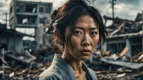 A Japanese woman who survived a natural disaster. Portrait of a young woman at the site of a natural disaster. Hurricane. Tornado. Tsunami. Earthquake.