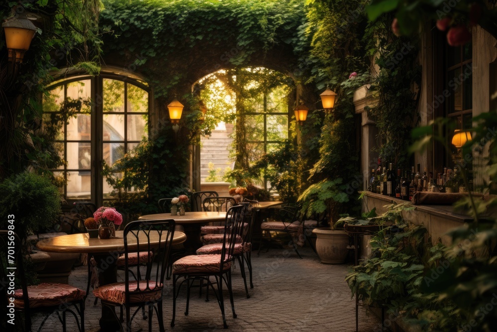 Cafe in the old town of Prague, Czech Republic. Covered with ivy, An intimate Italian cafe, set in a cozy,garden, AI Generated
