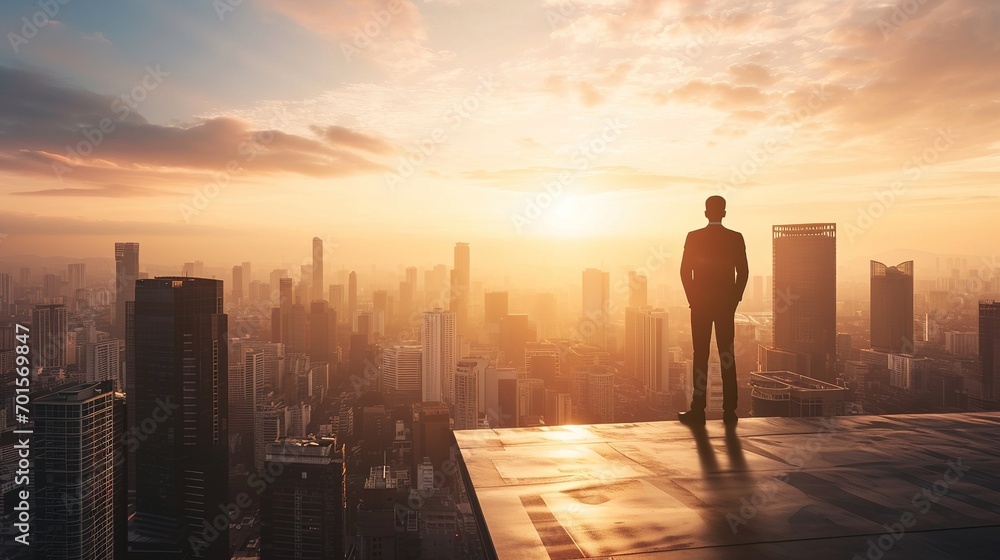 Business, man and thinking at city on rooftop about career or future with goal in company. Professional Business, man and thinking at city on rooftop about career or future with goal in company. Professional