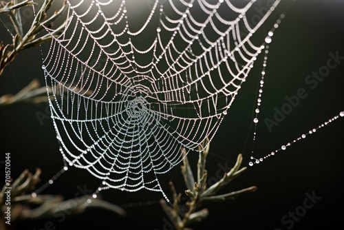 spider web with dew drops in the garden at dawn, An intricate spider’s web glistening with morning dew, AI Generated
