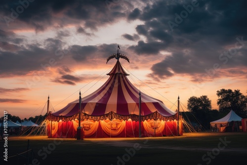 Circus tent in the evening with blue sky and clouds background, An old-fashioned circus tent at a carnival during twilight, AI Generated