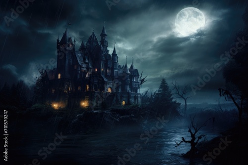Halloween background with haunted castle and full moon. 3d rendering, An old, haunted gothic castle on a stormy night, AI Generated
