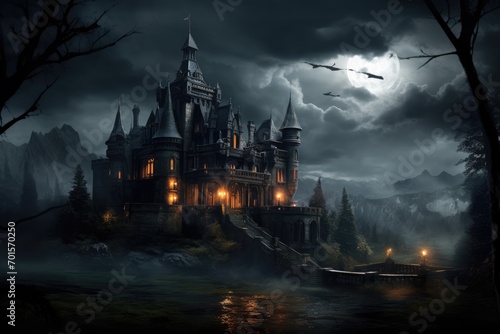 Halloween scene with haunted castle and full moon. 3d rendering, An old, haunted gothic castle on a stormy night, AI Generated