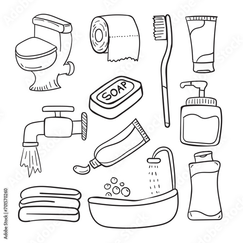 Set of bathroom and toilet tools doodle illustration on white background. Hand-drawn bathroom vectors