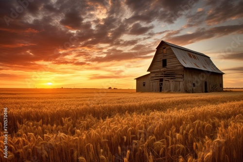 Fototapeta Naklejka Na Ścianę i Meble -  Dramatic sunset over an old barn in a wheat field, An old rustic barn in wheat field under setting sun, AI Generated
